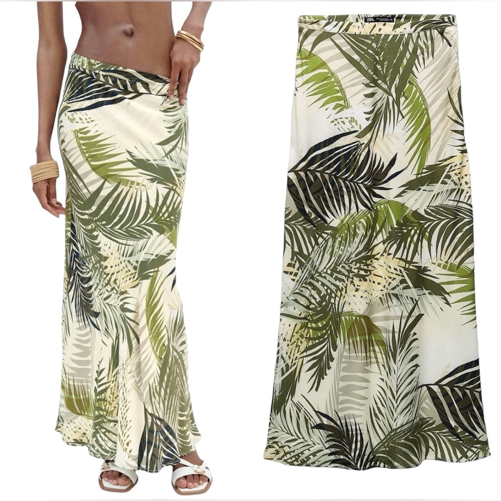 ZARA NWT High Waisted Tropical Flare Midi/ Maxi Skirt Size Large Zip Closure